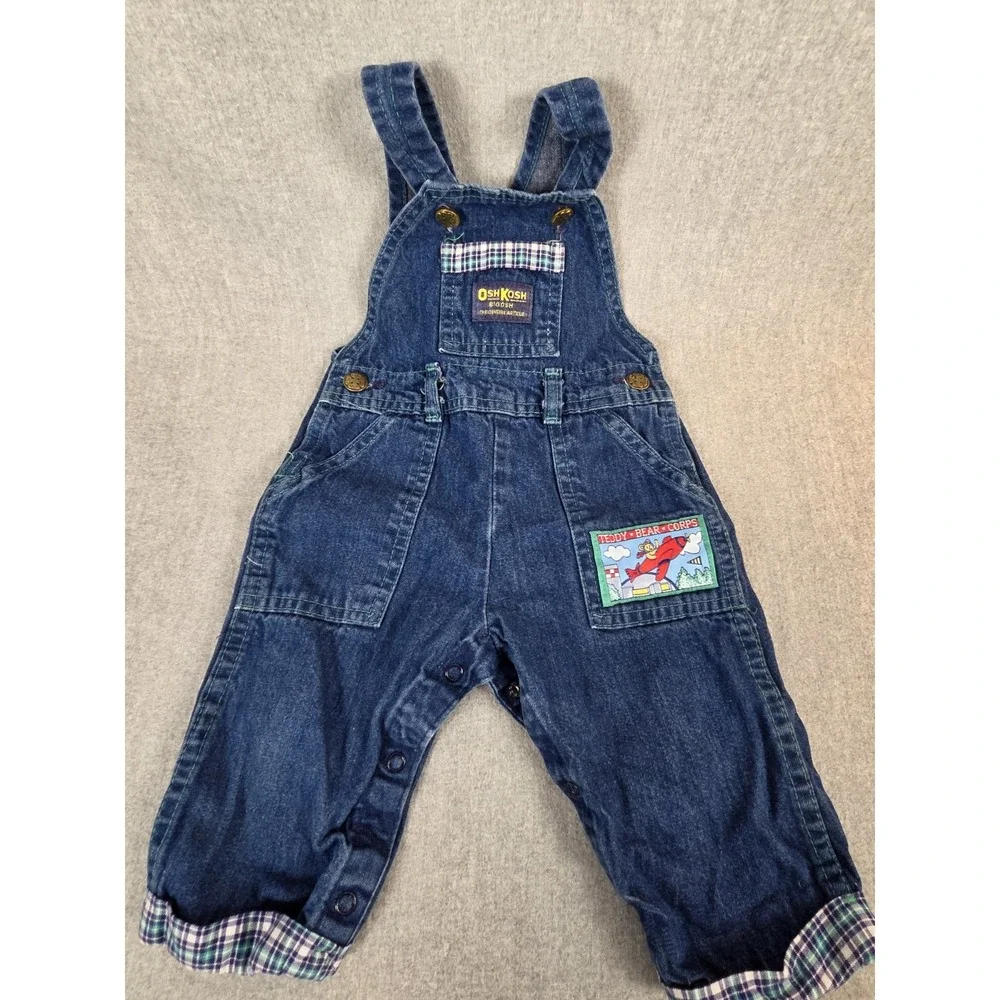 Vintage Oshkosh Baby B Gosh Denim Overalls 12M Airplane Teddy Bear Plaid‎ USA